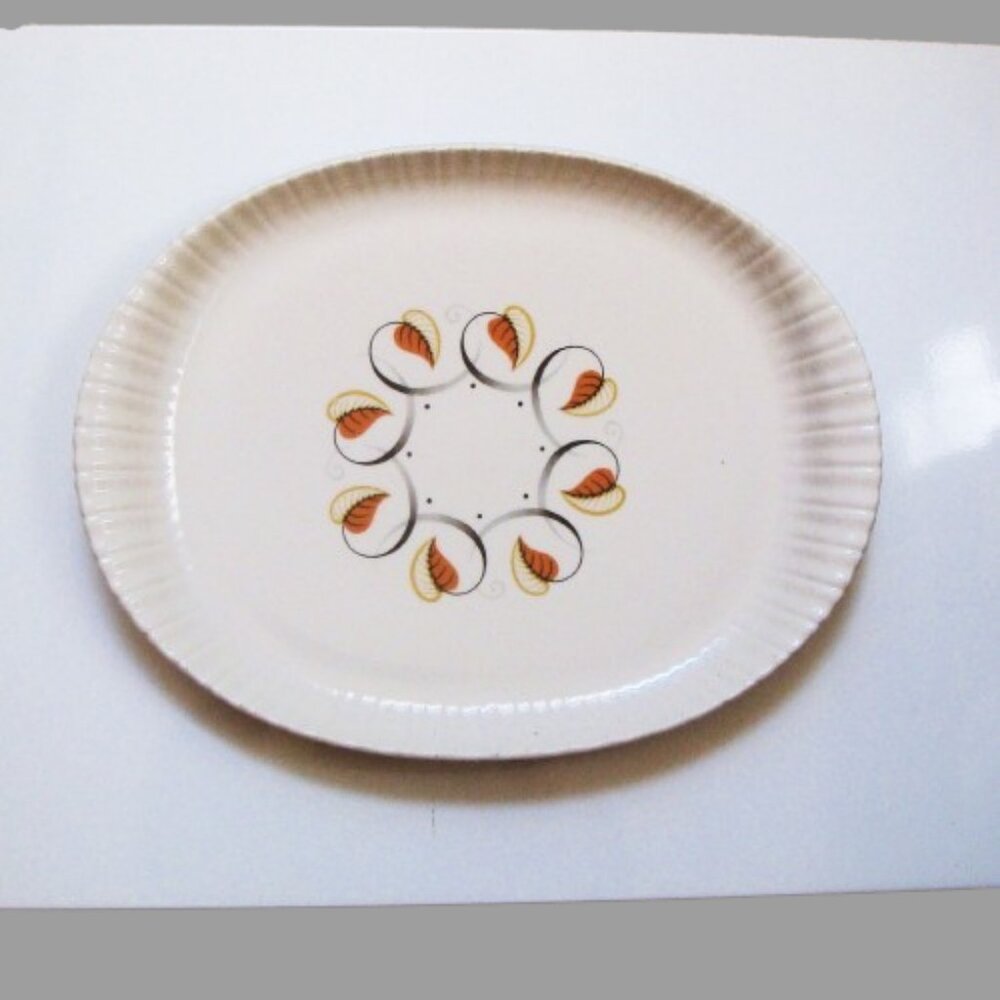 Vintage HARKER Leaf Swirl 13" Oval MCM Atomic Serving Platter